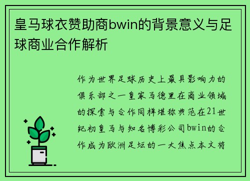 皇马球衣赞助商bwin的背景意义与足球商业合作解析